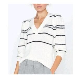 Brochu Walker Cotton Wool White Sasha Black Striped Vee Sweater Size Small